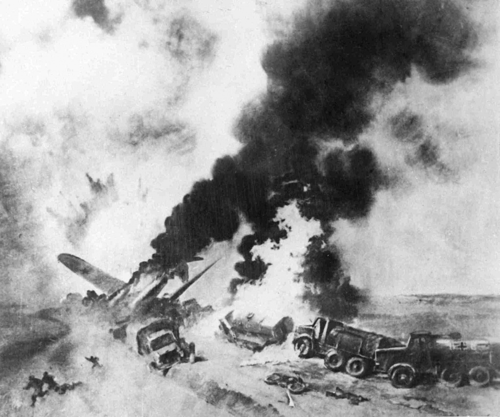 "Подвиг капитана Гастелло". 26 июня 1941 года Николай Гастелло совершил огненный таран - направил подбитую горящую машину на механизированную колонну врага. Все члены экипажа погибли: капитан Н.Ф.Гастелло, лейтенант А.А.Бурденюк, лейтенант Г.Н.Скоробогатый и старший сержант А.А.Калинин. Реконструкция события. © РИА Новости / А. Сергеев-Васильев